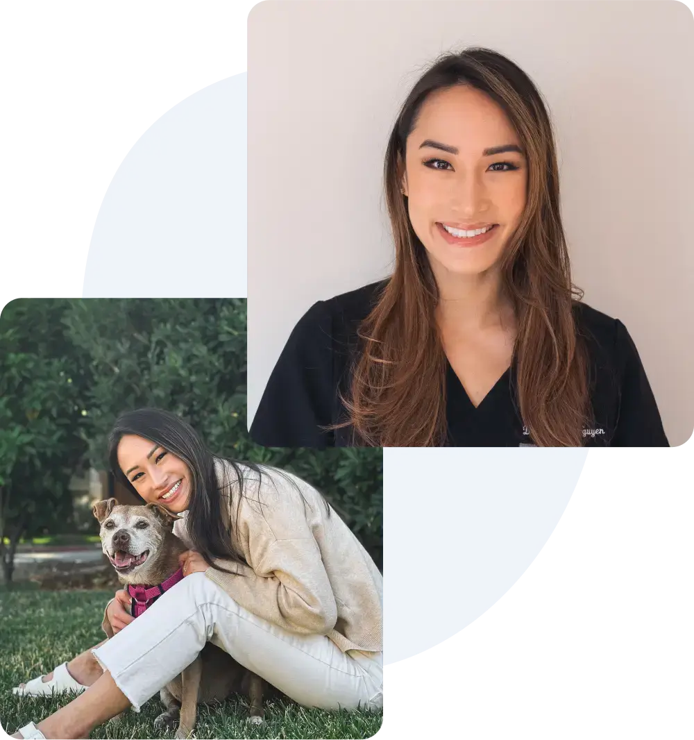 A photo collage including a portrait of Dr. Angela Nguyen and a picture of her and her Staffordshire terrier mix sitting in grass
