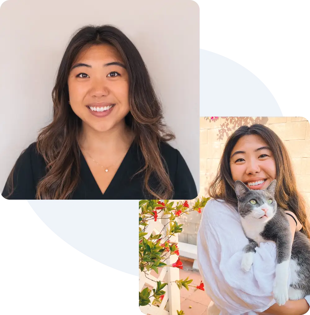 A photo collage including a portrait of Dr. Annie Ro and a picture of her with a gray and white cat next to red flowers