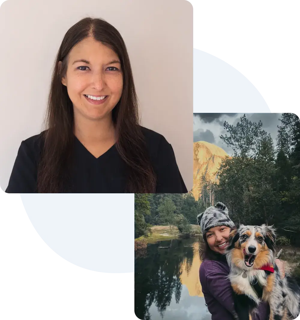 A photo collage including a portrait of Dr. Valerie Rose and a picture of her at Yosemite National Park with her mini Australian shepherd