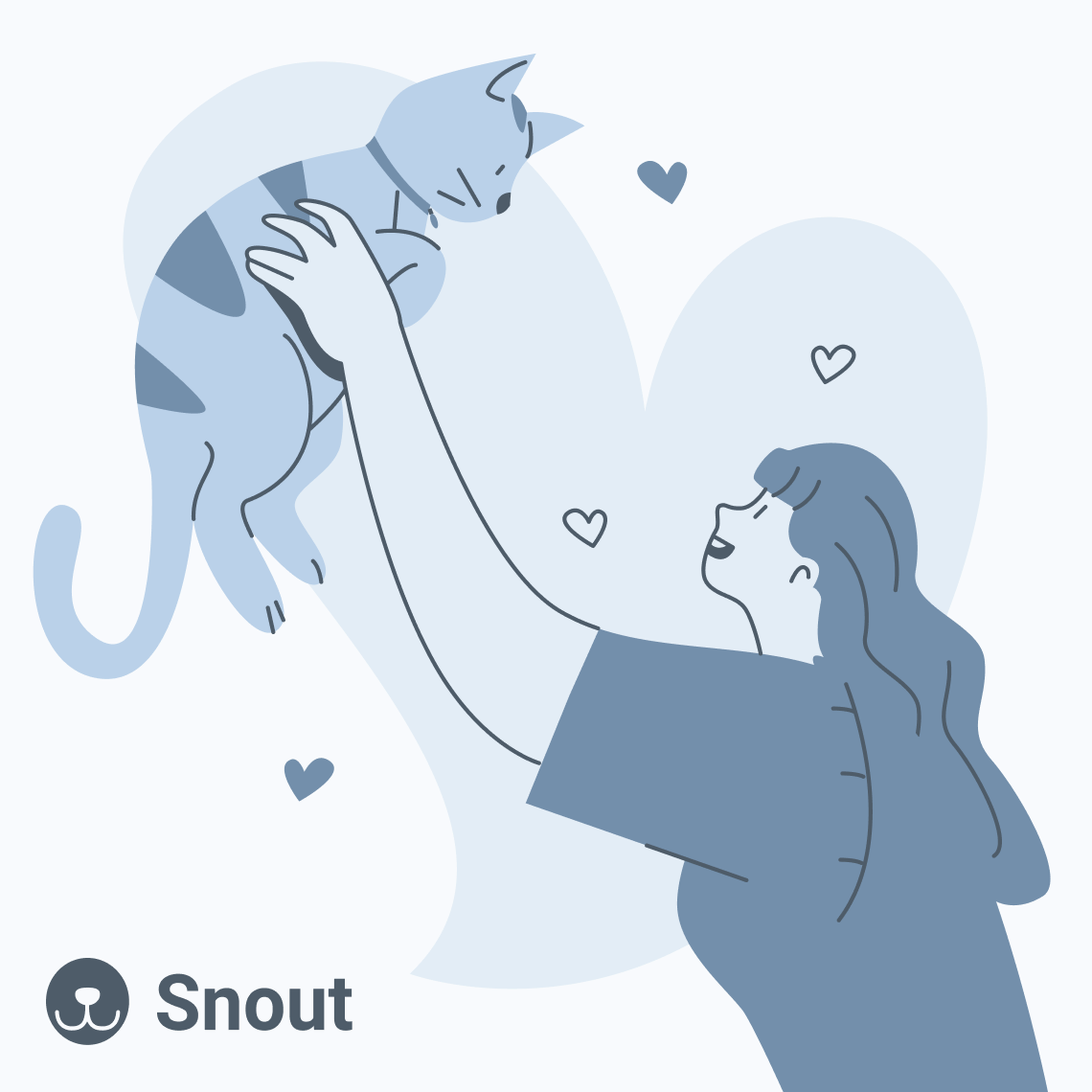 A monochromatic illustration of a woman holding a cat with the Snout logo in the corner